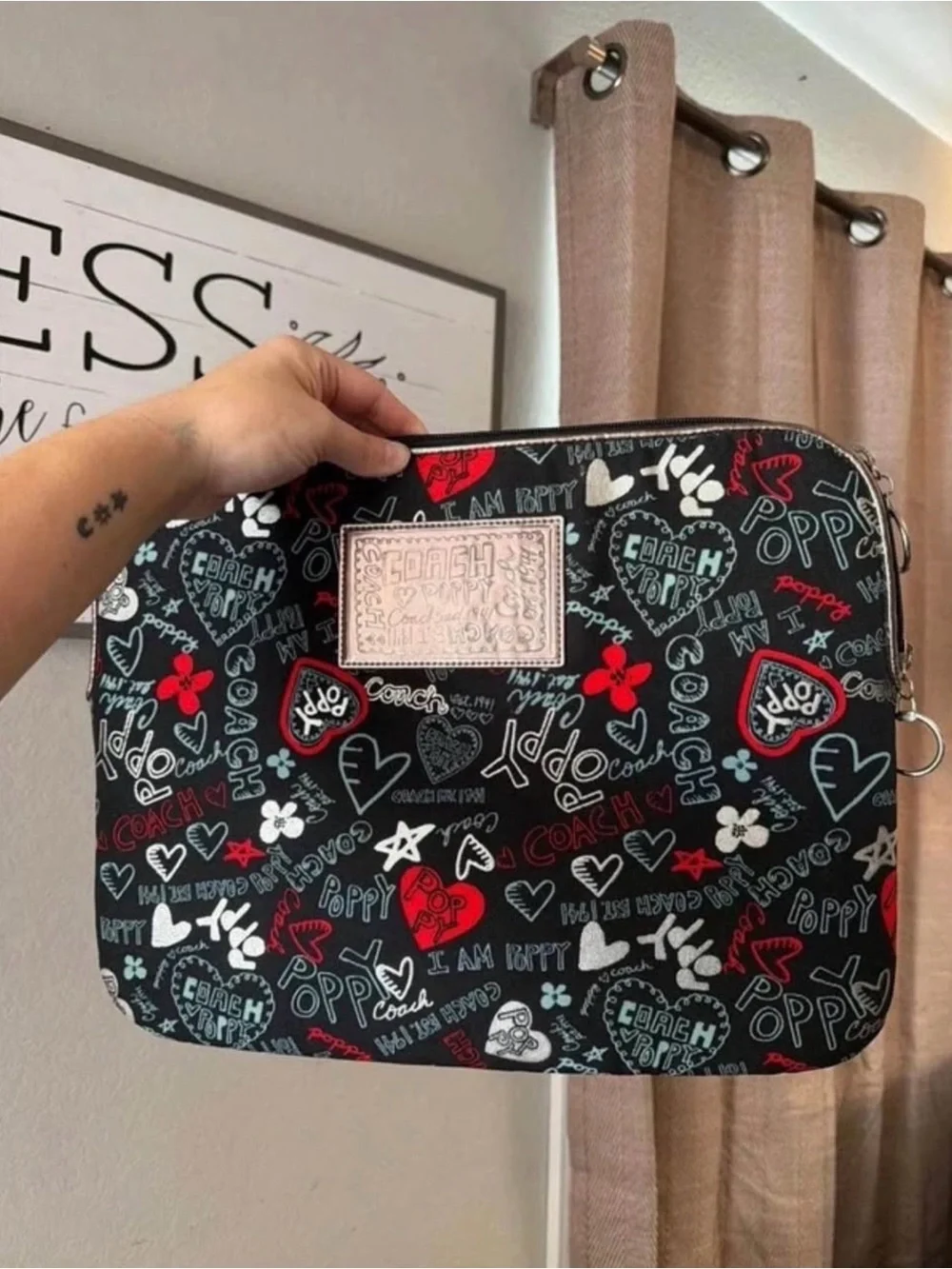 Coach Black Poppy Printed Laptop Sleeve with Red & White Accents